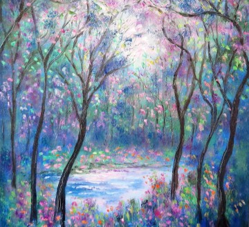 Sweet Spring Pond blossom trees garden decor scenery wall art nature landscape texture Oil Paintings